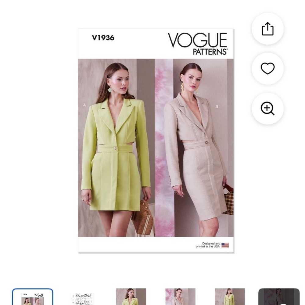 Vogue V1936 Size A5 Blazer Business Suit w/ Cutouts Dress Sewing Pattern